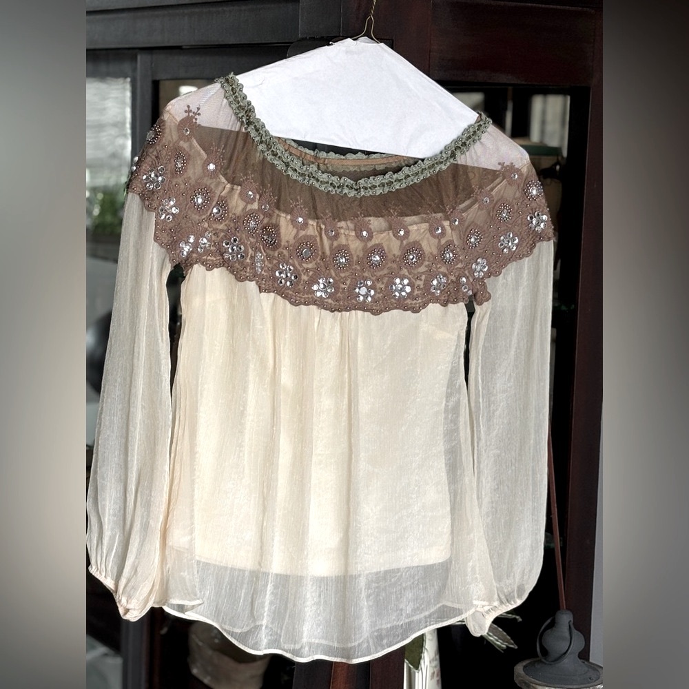 Altar'd State Cream Sheer Blouse with Brown Embroidered Yoke